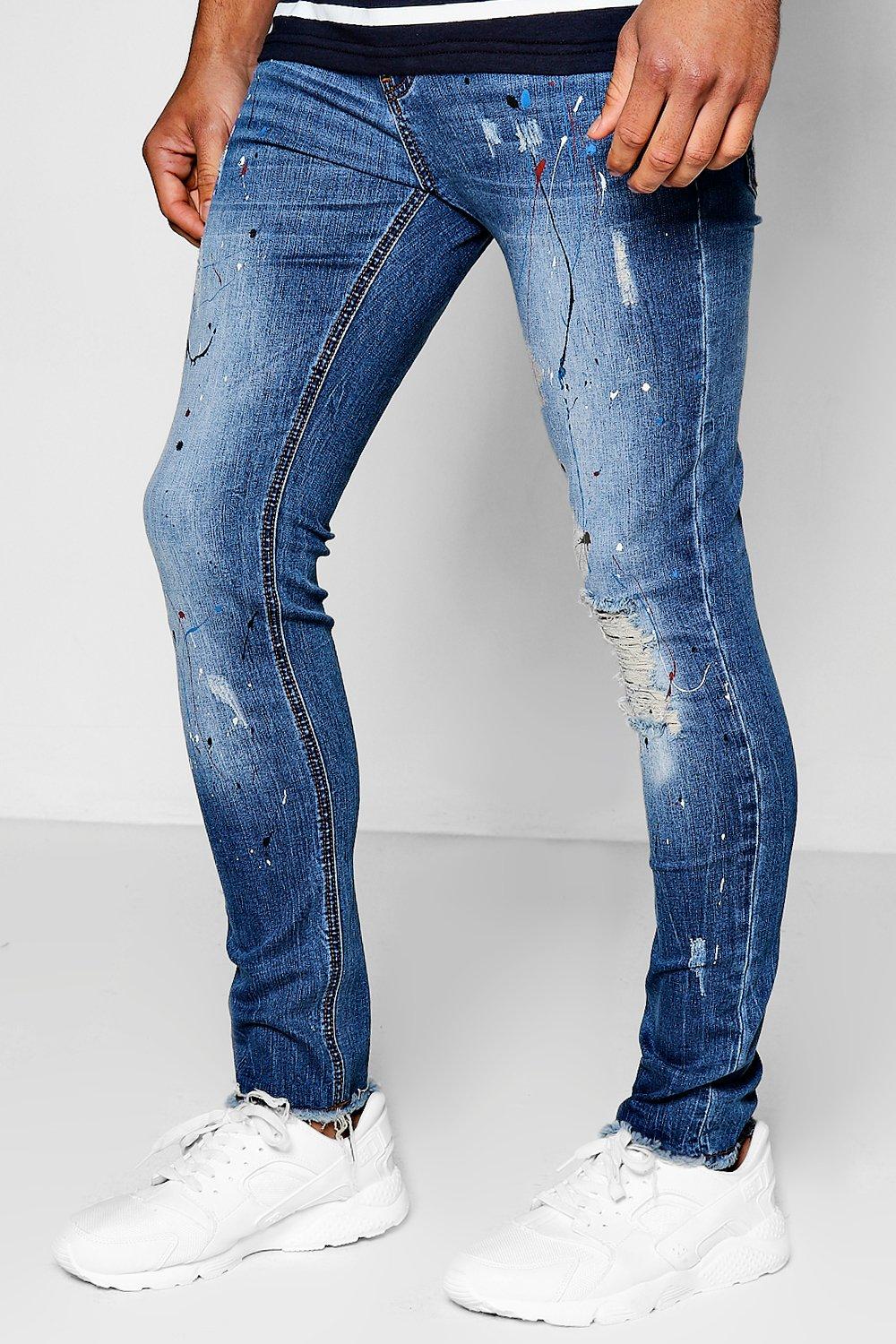 Mid Blue Super Skinny Jeans With Paint Splatter | Boohoo